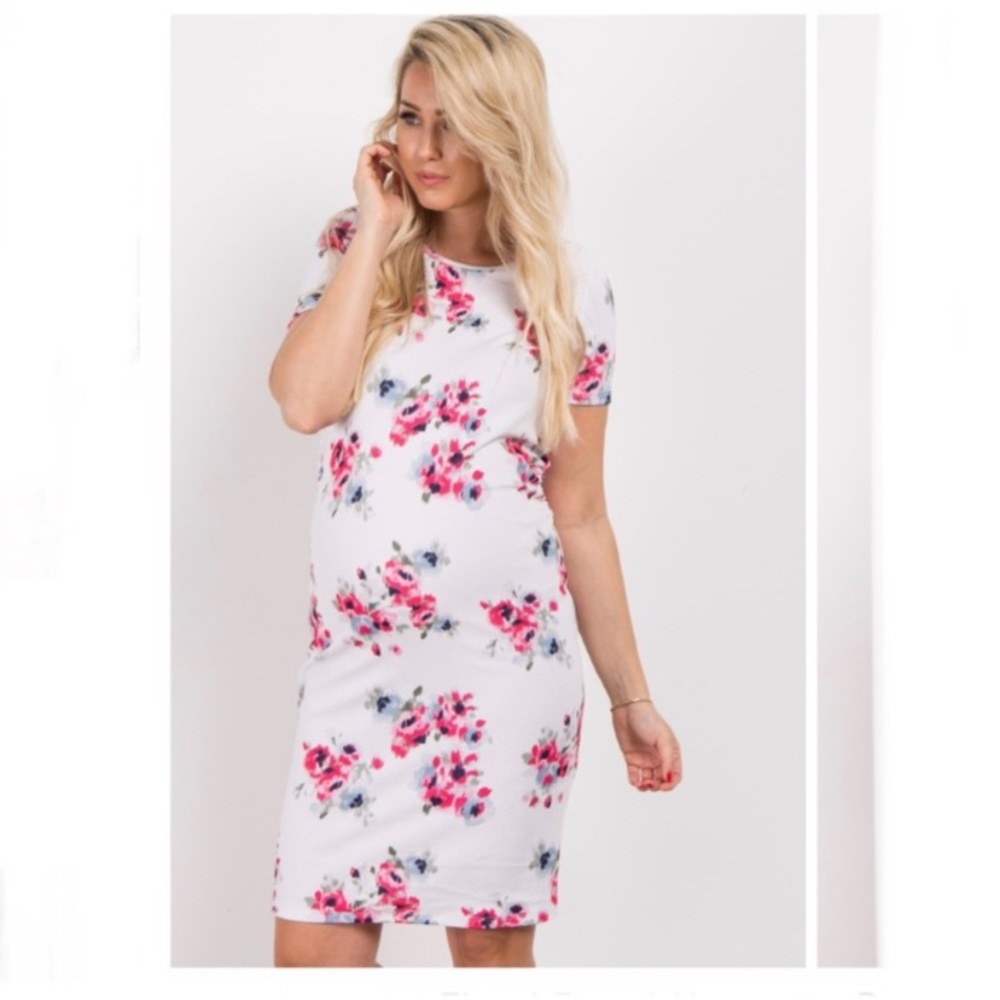 PinkBlush Small White Floral Print Maternity Bodycon Dress Baby Shower Photo
